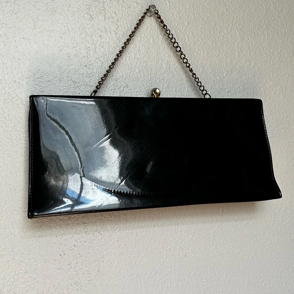 Vintage Black Patent Leather Baguette Clutch